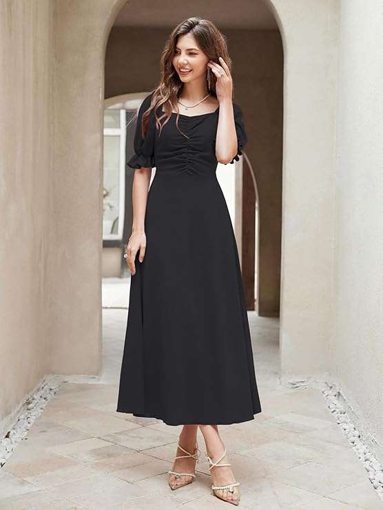 Women's Solid A-Line Ruched Puff Sleeve Maxi