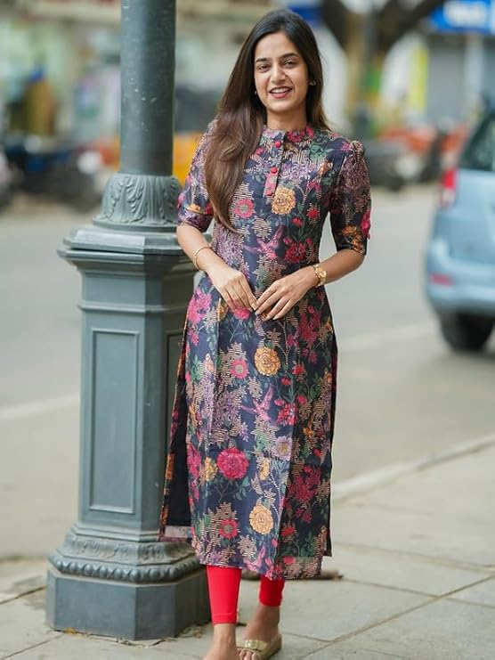 Chanderi Stitched Printed Kurta for Women