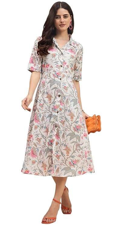 Cotton Solid Button Front Shirt Dress for Women