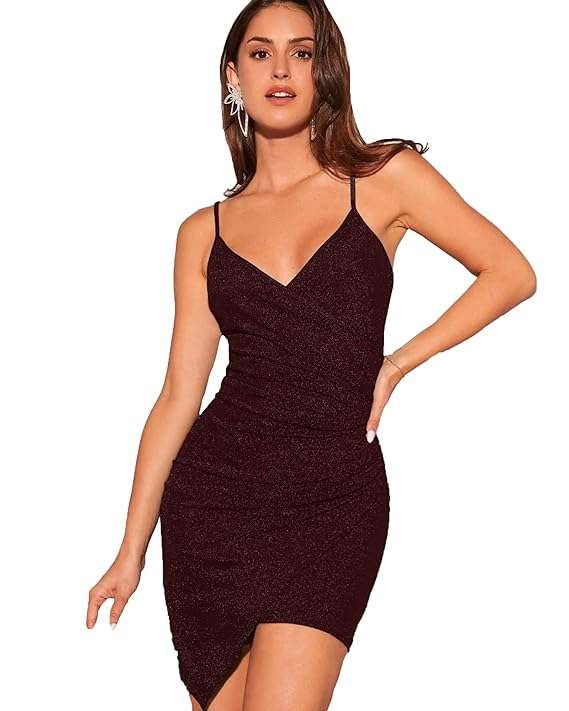 Glitter Ruched Wrap Bodycon Black Dress