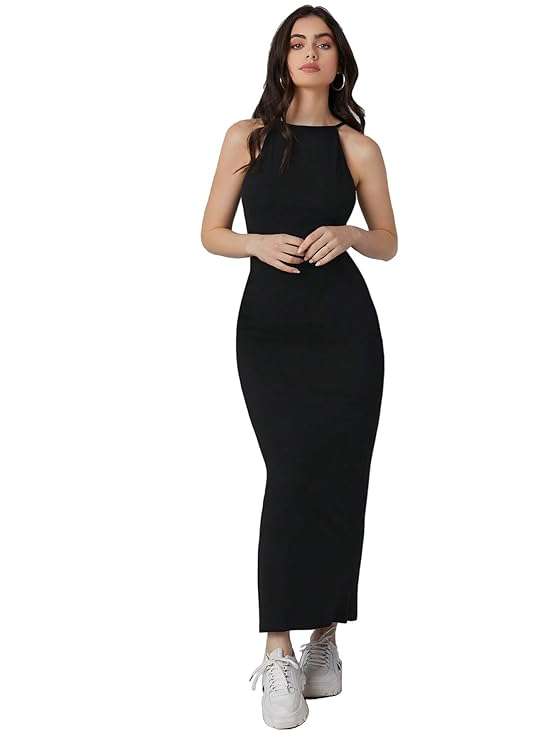 Solid Halter Neck Solid Bodycon Midi Dress for Women's & Girl's