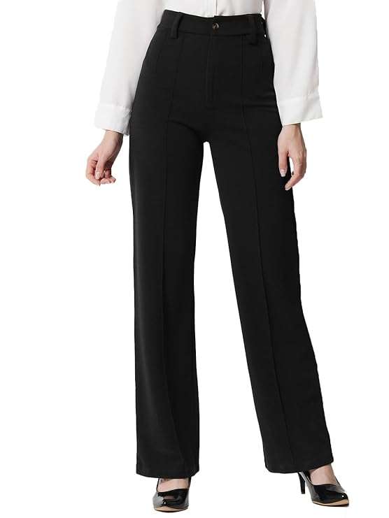 Women Straight Fit Polyester Blend Solid Trousers