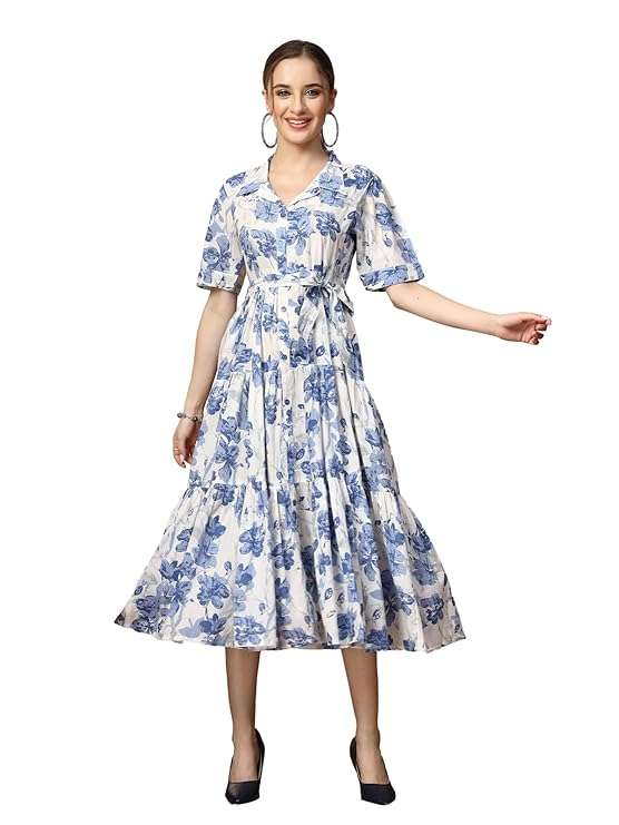 Women's Floral Printed Cotton Flared Maxi Dress
