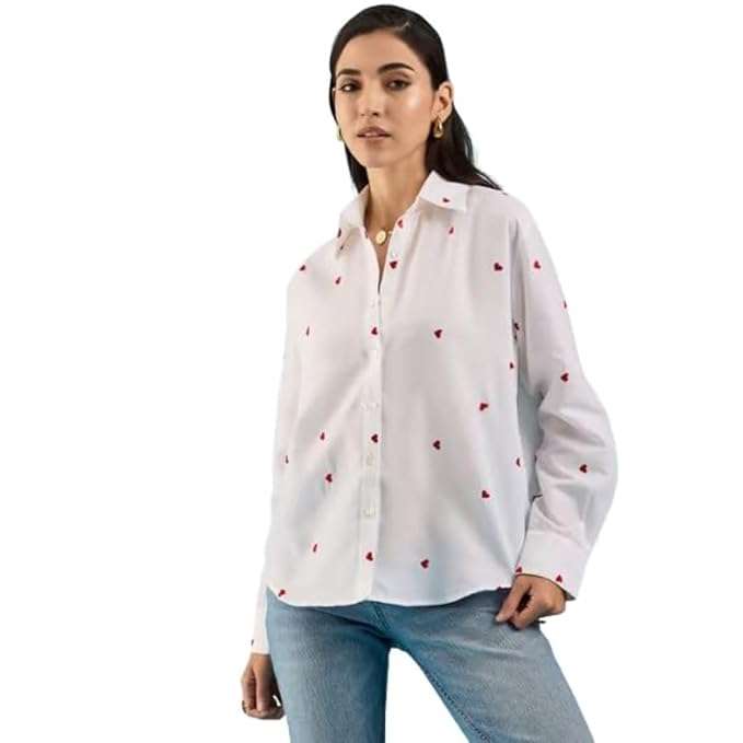 Women's Regular Fit Red Heart Printed Button Down Collar Casual White Shirt