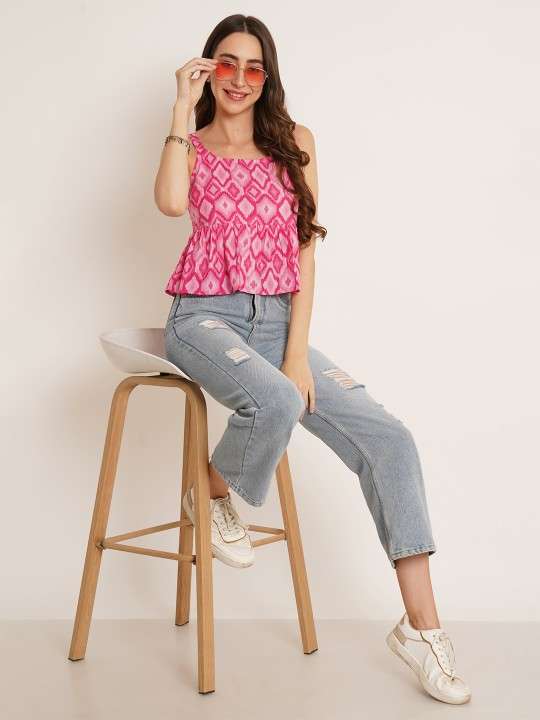Geometric Printed Cotton Peplum Top