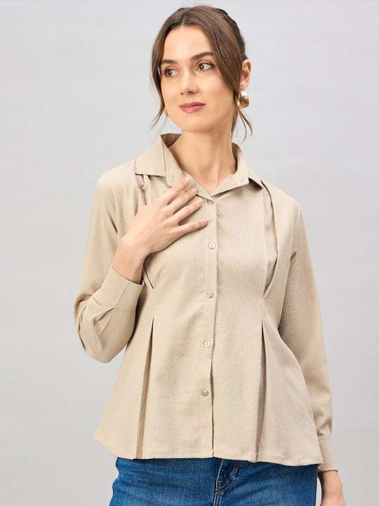 The Lifestyle Co. Beige Spread Collar Long Sleeves Shirt Style Top