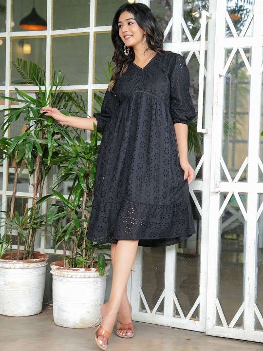 Women Cotton Puff Sleeve Fit & Flare Midi Dress