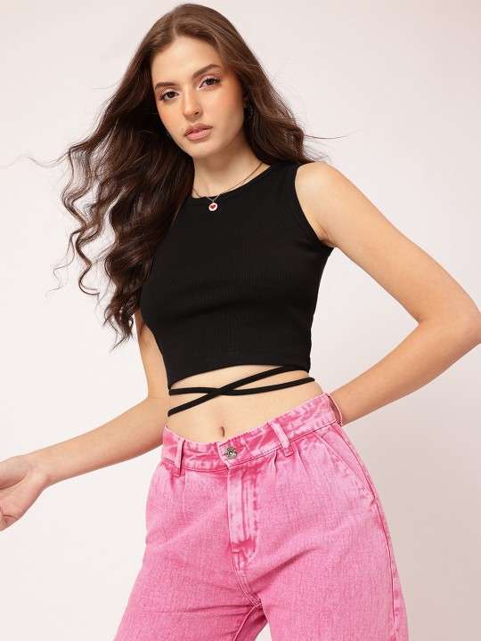 Girlboss Glam Tie-Up Waist Sleeveless Ribbed Crop Top