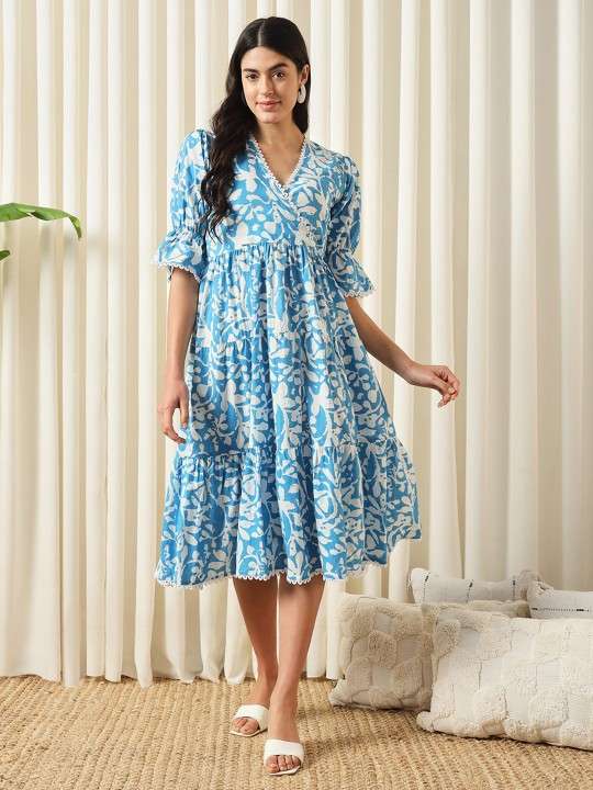 Floral Printed V-Neck Empire Cotton Opaque Casual Dress