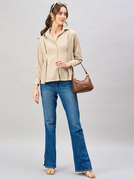 The Lifestyle Co. Beige Spread Collar Long Sleeves Shirt Style Top