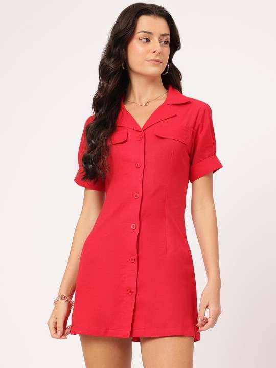 Chic and Cherry Pocket Detail Shirt-Style Mini Dress