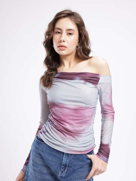 gathered Abstract Printed One Shoulder Fitted Top