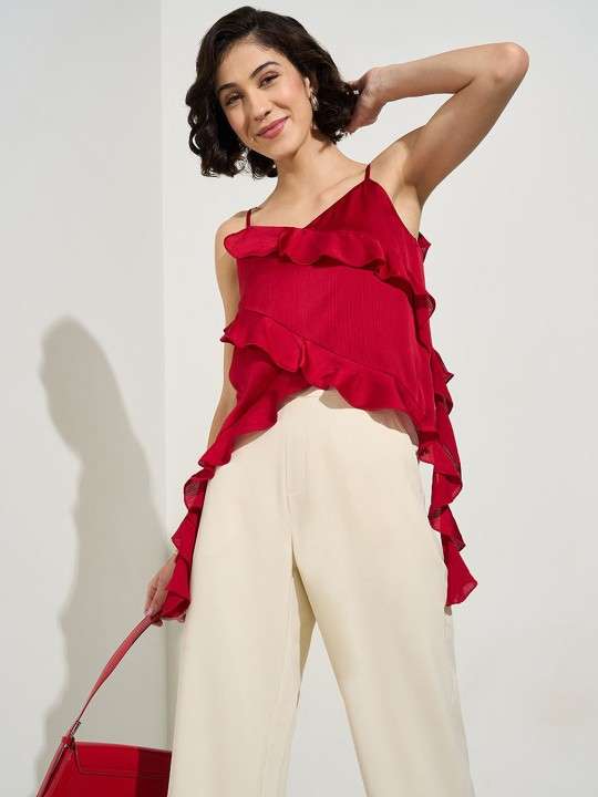 Women Solid Ruffle Party Top