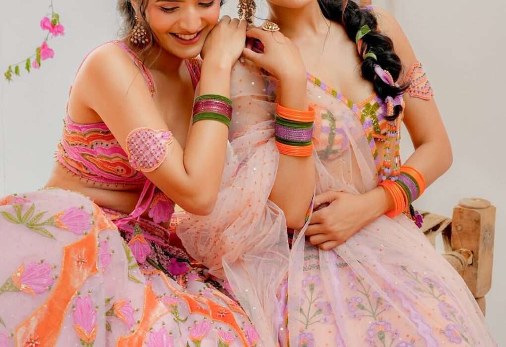 peach & pink summer lehenga for girls