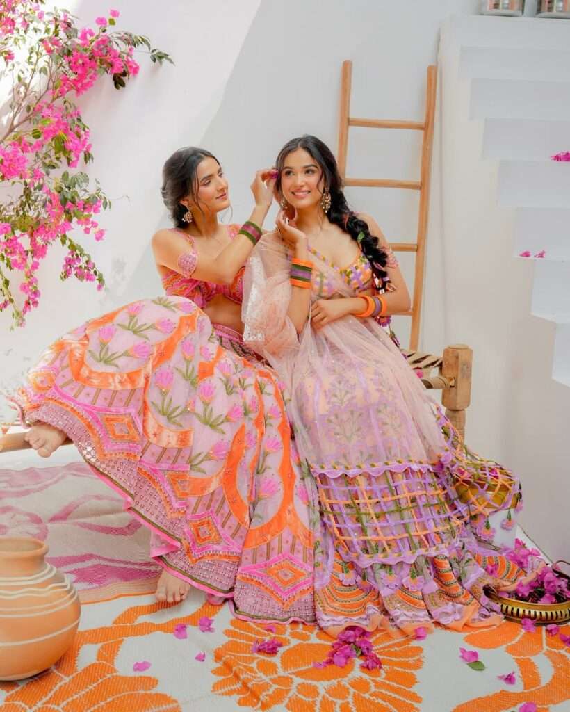 peach & pink summer lehenga for girls
